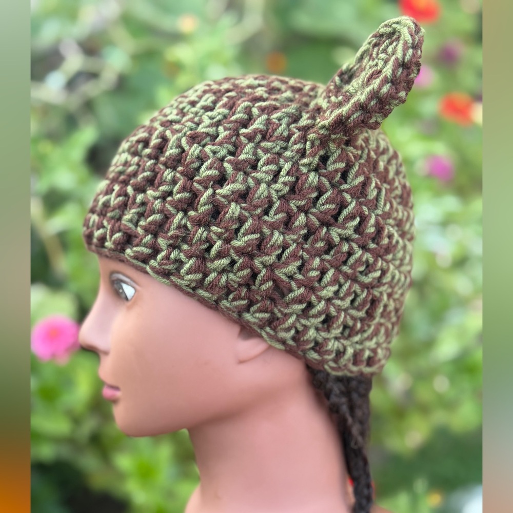 Handmade Brown and Green Crochet Hat with Ear